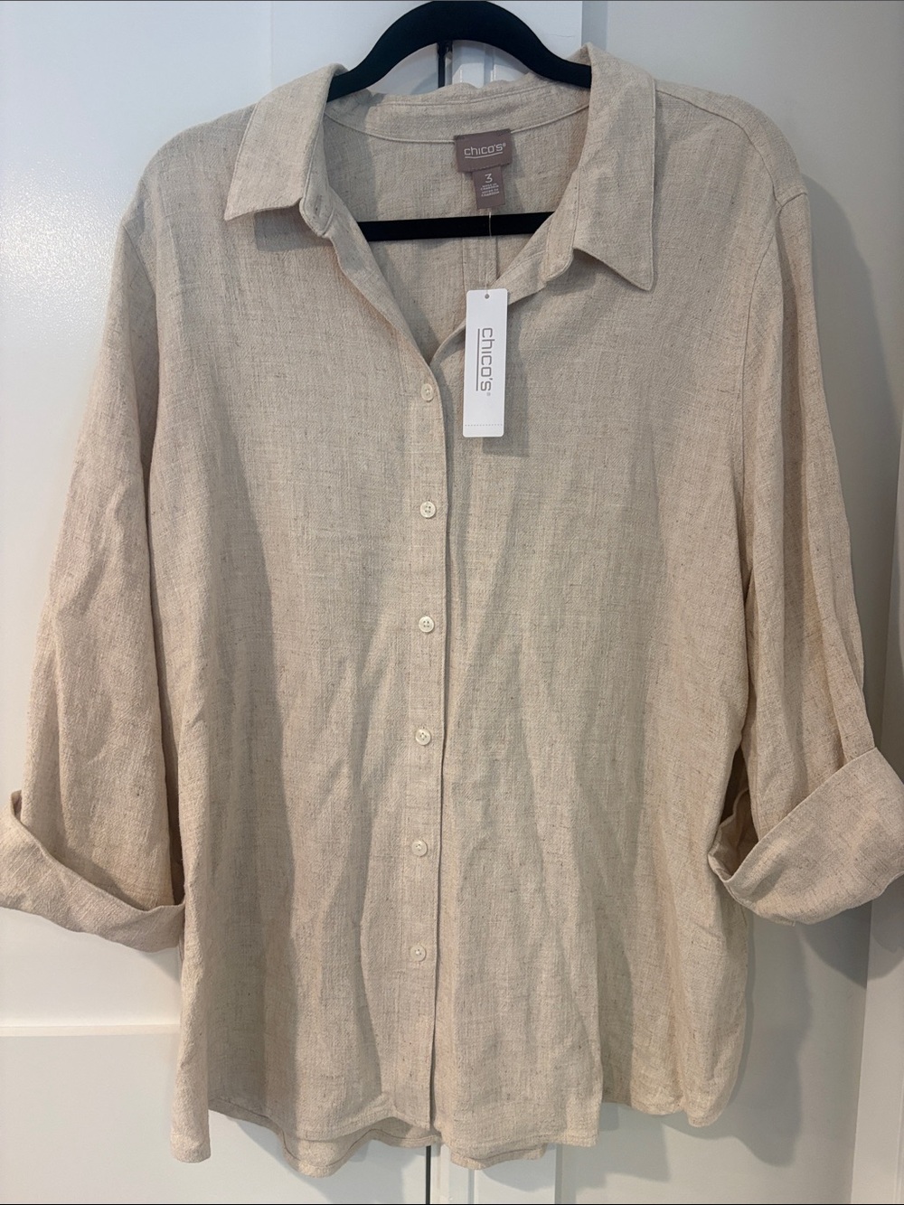 Chico's Woman’s Natural Beige Linen Blend Button-Down Shirt Size XXL or 3 NWT